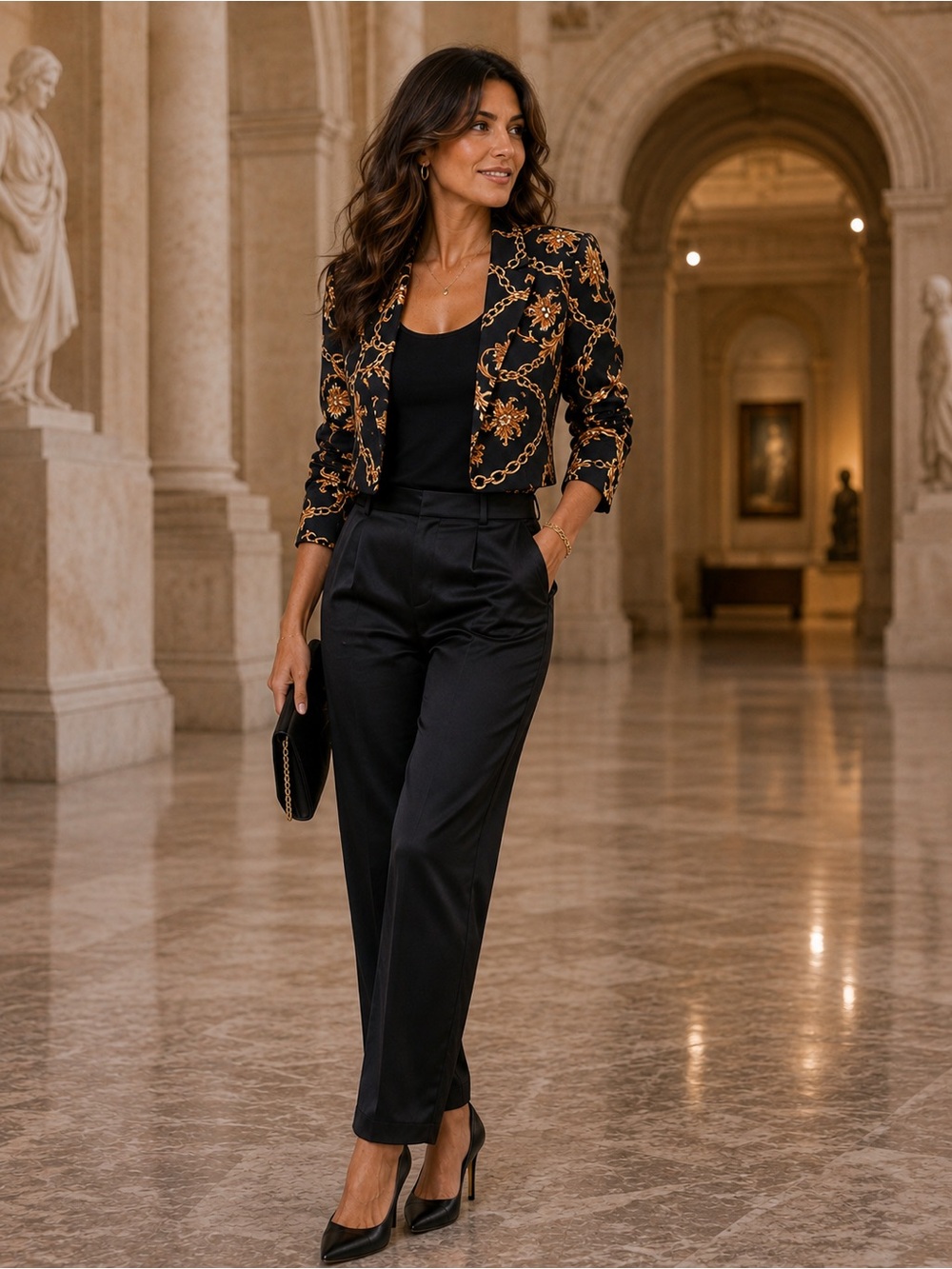Thalia Sodi Black Blazer with Gold Baroque Chain Print